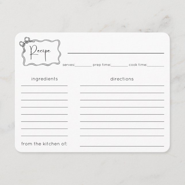 Bow Modern Script Bridal Shower Recipe Card (Front)