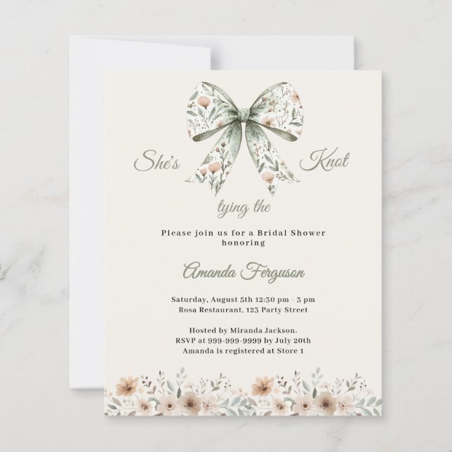 Bow neutral floral ivory Bridal Shower invitation (Front)