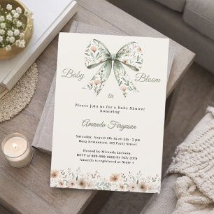 Bow neutral florals green ivory bloom Baby Shower Invitation
