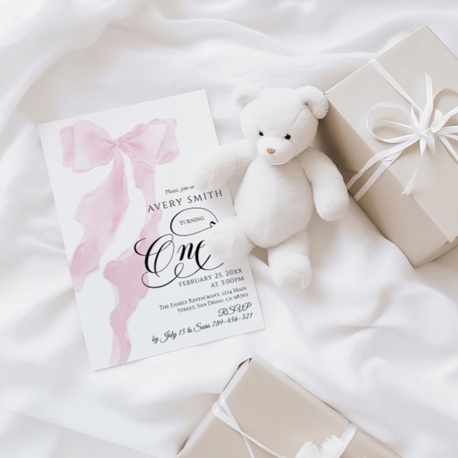 Bow One Birthday Blush Minimal Pink Girl Invitation (Creator Uploaded)