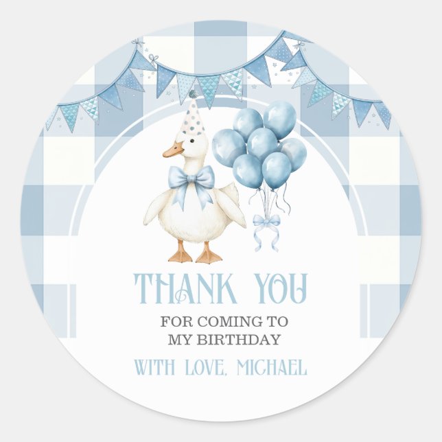 Bow One Silly Goose 1st Birthday Blue Gingham Classic Round Sticker (Front)