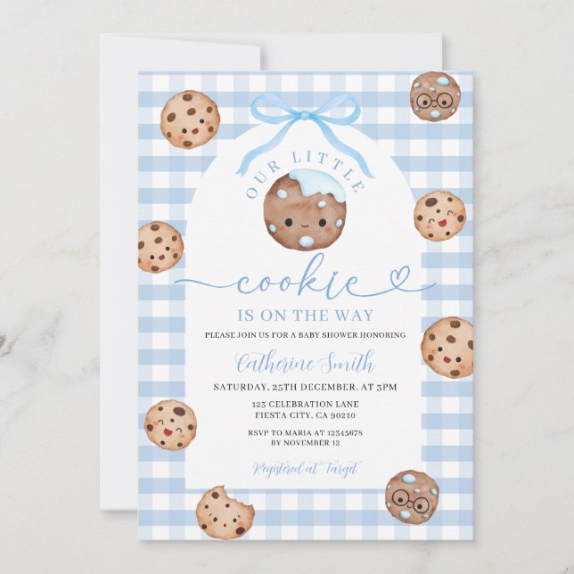 Bow Our Little Cookie Baby Shower Blue Gingham Invitation (Front)
