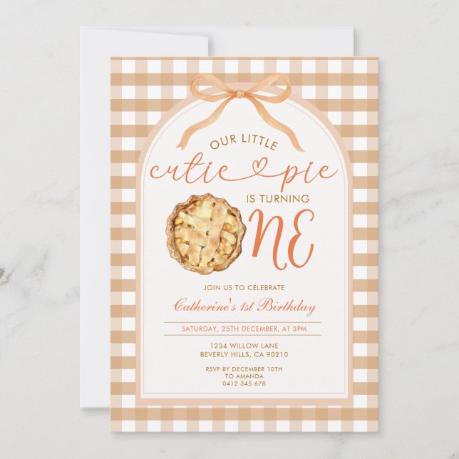 Bow Our Little Cutie Pie Fall Gingham 1st Birthday Invitation (Front)