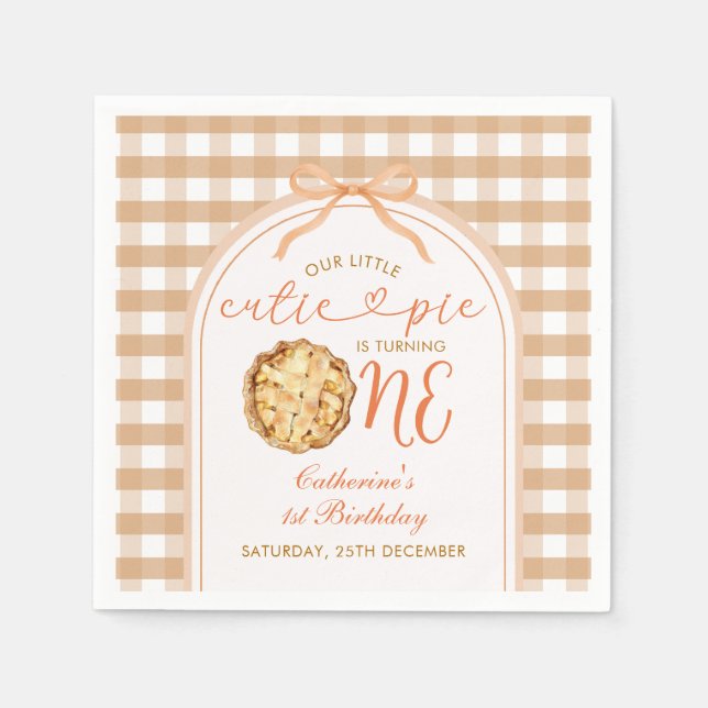Bow Our Little Cutie Pie Fall Gingham 1st Birthday Napkin (Front)