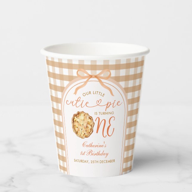 Bow Our Little Cutie Pie Fall Gingham 1st Birthday Paper Cups (Front)