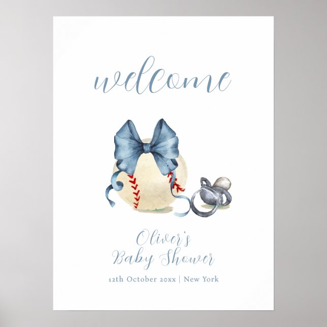 Bow Pacifier Baseball Sport Baby Shower Welcome  Poster (Front)