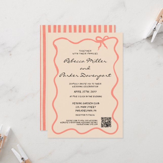 Bow Painted Pinstripes Wedding QR Code Invitation (Front/Back In Situ)