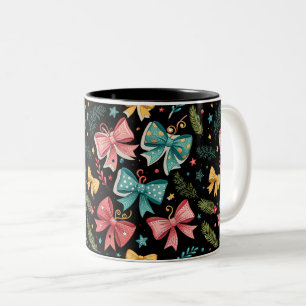 Bow Pattern with Stars and Pine Branches Two-Tone Coffee Mug
