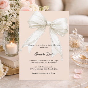 Bow peach ivory pearls girl Baby Shower Invitation