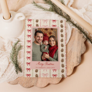 Bow Pinecone Pattern Christmas Photo  Holiday Card