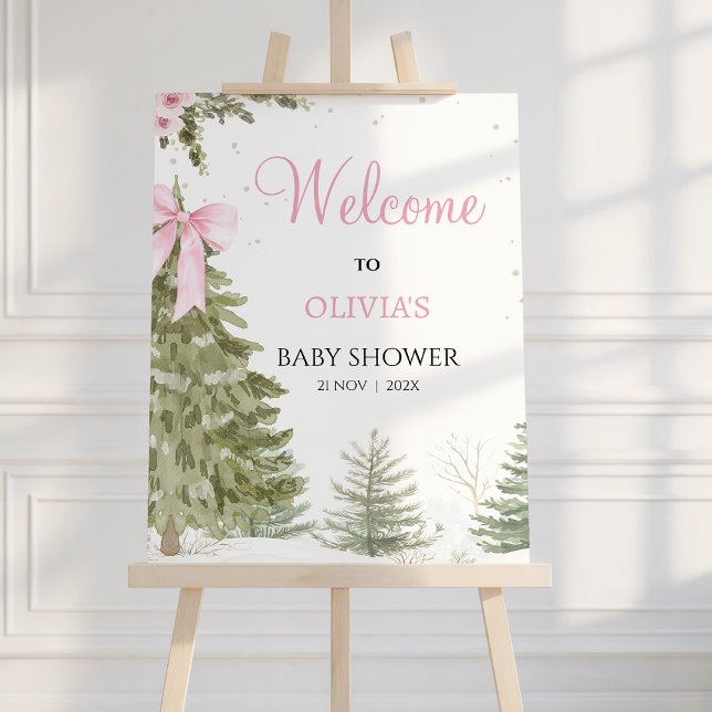 Bow Pink Baby It's Cold Baby Shower Welcome Sign (Baby It's Cold Outside Baby Shower Welcome Poster, Winter baby Shower Welcome Sign Baby Girl Bow)