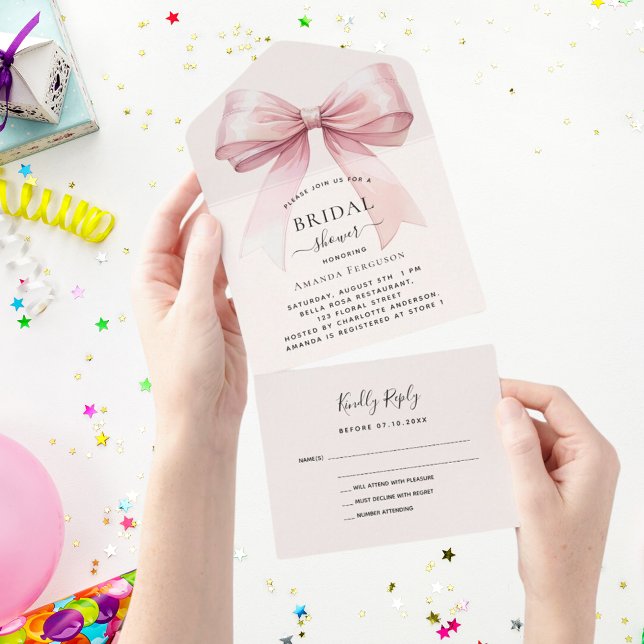 Bow pink beige cream Bridal Shower rsvp All In One Invitation (Creator Uploaded)