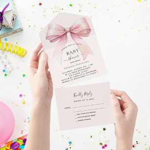 Bow pink beige cream girl BABY Shower rsvp All In One Invitation