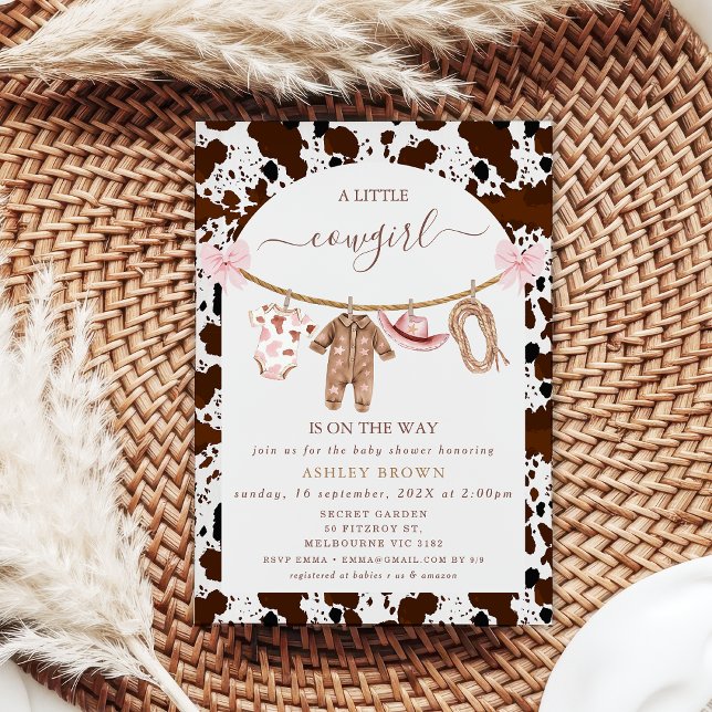 Bow Pink Clothesline Cow Print Cowgirl Baby Shower Invitation (Cowgirl Baby Shower Invitation Template, Modern Arch Cow Print Cowboy Baby Shower Invitation, )