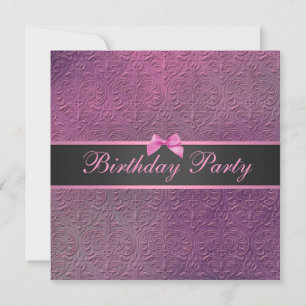 Bow & Pink Damask Birthday Invite