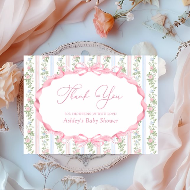 Bow Pink Floral Baby Shower Thank You Card (Creator Uploaded)