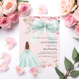 Bow pink floral green dress Quinceanera invitation