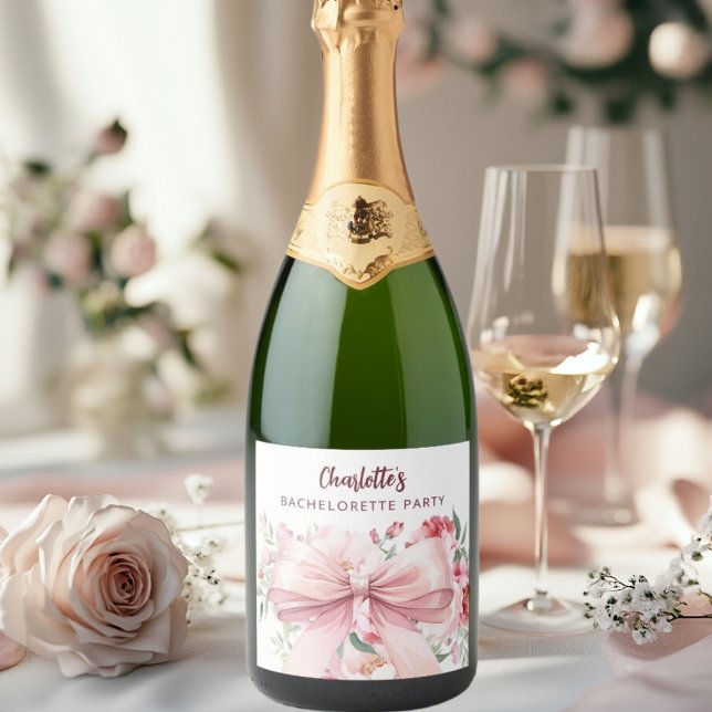 Bow pink florals bloom Bachelorette Party Sparkling Wine Label (Creator Uploaded)