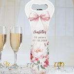 Bow pink florals bloom birthday party wine bag<br><div class="desc">A white coloured background. Decorated with a large bow and pink flowers.  Personalise and add a name and year/text.</div>