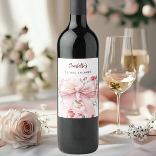 Bow pink florals bloom Bridal Shower Wine Label