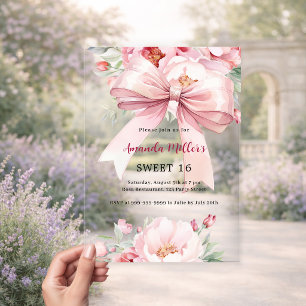 Bow pink florals clear Sweet 16 Acrylic Invitations