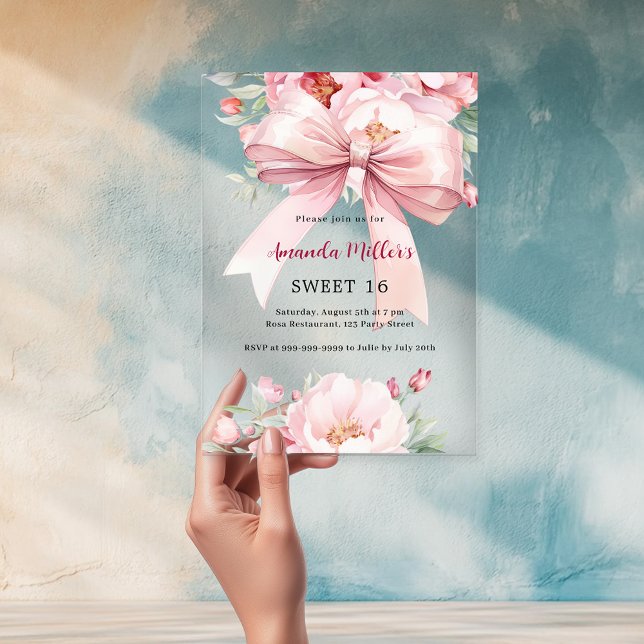 Bow pink florals clear Sweet 16 Acrylic Invitations (Creator Uploaded)