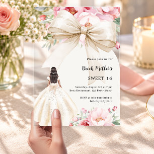 Bow pink florals dress cream clear Sweet 16 Acrylic Invitations