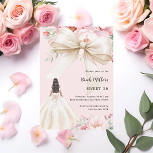 Bow pink florals dress cream Sweet 16 Invitation