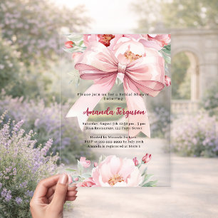 Bow pink florals elegant clear Bridal Shower Acrylic Invitations