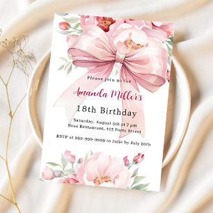 Bow pink florals luxury birthday invitation