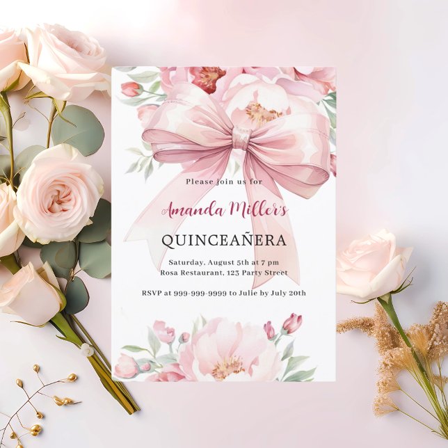 Bow pink florals Quinceanera Invitation (Creator Uploaded)