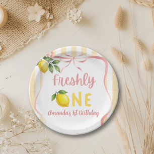 Bow Pink Freshly One Yellow Lemon First Birthday Paper Plate