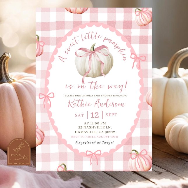Bow Pink Gingham Pumpkin Baby Shower Invitation (Creator Uploaded)