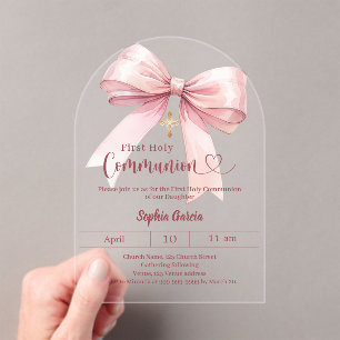 Bow pink girl arch luxury clear First Communion Acrylic Invitations