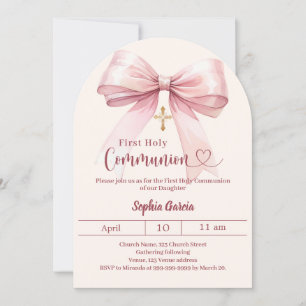 Bow pink girl cream arch First Communion Invitation