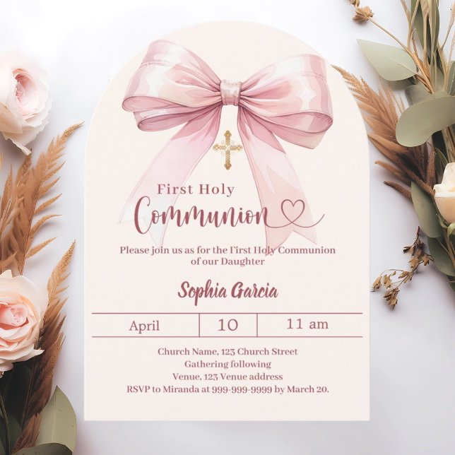 Bow pink girl cream arch First Communion Invitation (Creator Uploaded)