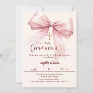 Bow pink girl cream elegant First Communion Invitation
