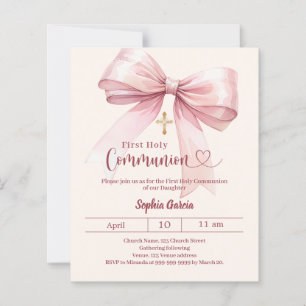 Bow pink girl cream First Communion invitation
