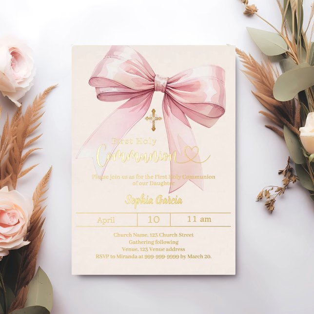 Bow pink girl cream luxury gold First Communion (Creator Uploaded)