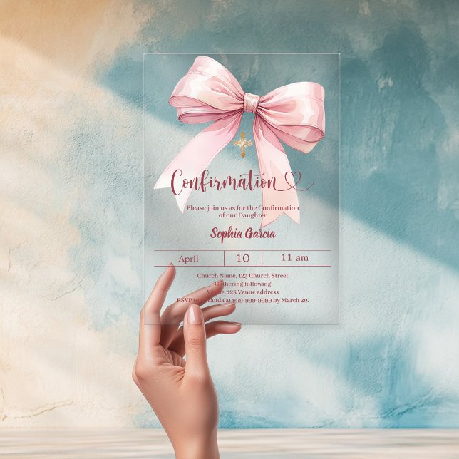 Bow pink girl elegant clear luxury Confirmation Acrylic Invitations (Creator Uploaded)