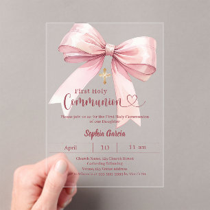 Bow pink girl elegant luxury clear First Communion Acrylic Invitations