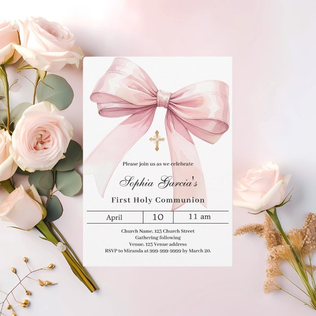 Bow pink girl First Communion Invitation (Creator Uploaded)
