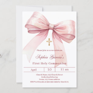 Bow pink girl First Communion Invitation