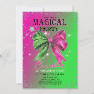 Bow pink & green magical Birthday Party Invitation
