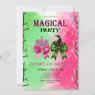 Bow pink & green Magical Witch Birthday Invitation