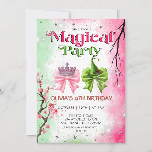 Bow pink & green Magical Witchy Birthday Invitation (Front)