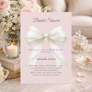 Bow pink ivory pearls beige Bridal Shower Invitation