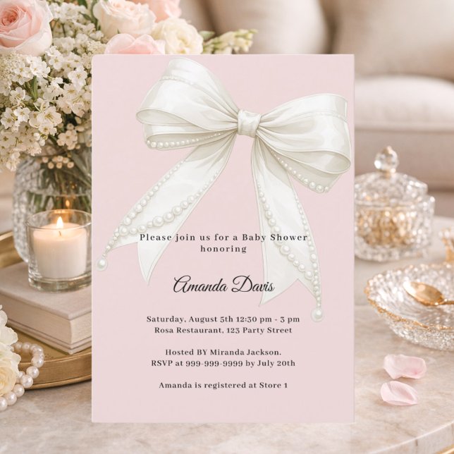Bow pink ivory pearls girl Baby Shower Invitation (Creator Uploaded)