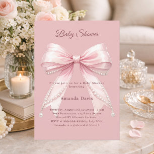 Bow pink pearls elegant girl Baby Shower Invitation