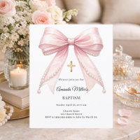 Bow Pink Pearls Girl Elegant Baptism Invitation